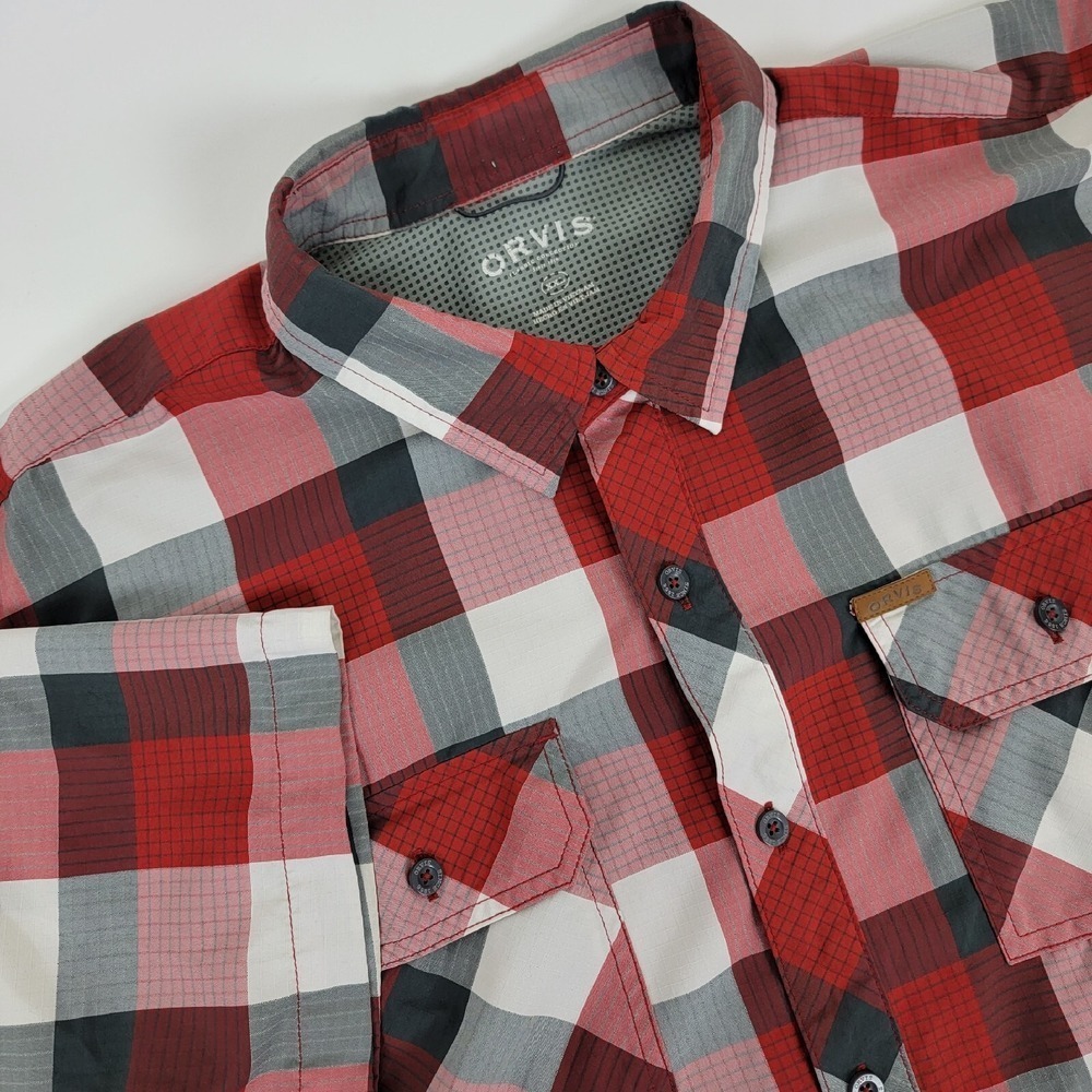 Orvis Mens XXL Red Plaid Vented Fishing Short Sleeve Button Shirt‎
